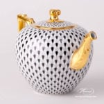 Tea Pot w. Twisted Knob 20606-0-06 VHN Black Fish Scale design. Herend porcelain. Hand painted tableware