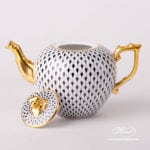 Tea Pot w. Twisted Knob 20606-0-06 VHN Black Fish Scale design. Herend porcelain. Hand painted tableware