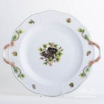 Round Dish w. Handles 171-0-00 CHTM Hunter Trophies pattern. Wild Boar motif. Green rim. Herend fine china. Hand painted tableware