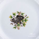 Round Dish w. Handles 171-0-00 CHTM Hunter Trophies pattern. Wild Boar motif. Green rim. Herend fine china. Hand painted tableware