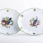 Oval Dish 211-0-00 CHTM Hunter Trophies pattern. Blackcock and Heath-Hen motifs. Green rim. Herend fine china. Hand painted tableware