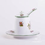 Mustard Pot w. Spoon 242-7-15 CHTM Hunter Trophies pattern. Deer motif. Green rim. Herend fine china. Hand painted tableware