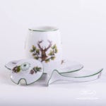 Mustard Pot w. Spoon 242-7-15 CHTM Hunter Trophies pattern. Deer motif. Green rim. Herend fine china. Hand painted tableware