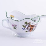 Sauce Boat w. Ladle 220-0-00 CHTM Hunter Trophies pattern. Fox motif. Green rim. Herend fine china. Hand painted tableware