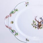 Oval Dish w. Handles 121-0-00 CHTM Hunter Trophies  pattern. Deer motif. Green rim. Herend fine china. Hand painted tableware