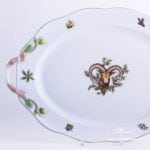 Oval Dish w. Handles 121-0-00 CHTM Hunter Trophies  pattern. Mouflon motif. Green rim. Herend fine china. Hand painted tableware