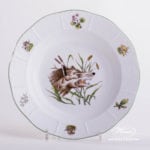 Soup Plate 501-0-00 CHTM Hunter Trophies pattern. Wolf motif. Green rim. Herend fine china. Hand painted tableware