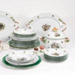 Dinner Set for 6 Persons - Herend Hunter Trophies CHTM pattern. Green Rim. Herend fine china hand painted. Tableware