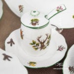 Dinner Set for 6 Persons - Herend Hunter Trophies CHTM pattern. Green Rim. Herend fine china hand painted. Tableware