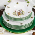 Dinner Set for 6 Persons - Herend Hunter Trophies CHTM pattern. Green Rim. Herend fine china hand painted. Tableware