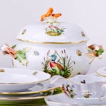 Dinner Set for 2 Persons - Herend Hunter Trophies CHTM pattern. Gilded Rim. Herend fine china hand painted. Tableware