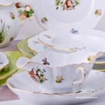 Dinner Set for 2 Persons - Herend Hunter Trophies CHTM pattern. Gilded Rim. Herend fine china hand painted. Tableware