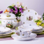 Dinner Set for 2 Persons - Herend Hunter Trophies CHTM pattern. Gilded Rim. Herend fine china hand painted. Tableware