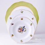 Place Setting 4 Pieces - Herend Hunter Trophies CHTM pattern. Gilded Rim. Herend fine china hand painted. Tableware