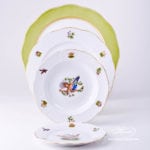 Place Setting 4 Pieces - Herend Hunter Trophies CHTM pattern. Gilded Rim. Herend fine china hand painted. Tableware