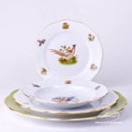 Place Setting 4 Pieces - Herend Hunter Trophies CHTM pattern. Gilded Rim. Herend fine china hand painted. Tableware