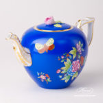 Tea Pot w. Rose Knob 608-0-09 VE-FB Queen Victoria on Blue Background design. Classic Herend design. Herend fine china. Hand painted tableware