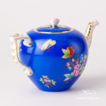 Tea Pot w. Rose Knob 608-0-09 VE-FB Queen Victoria on Blue Background design. Classic Herend design. Herend fine china. Hand painted tableware