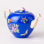 Tea Pot w. Rose Knob 608-0-09 VE-FB Queen Victoria on Blue Background design. Classic Herend design. Herend fine china. Hand painted tableware