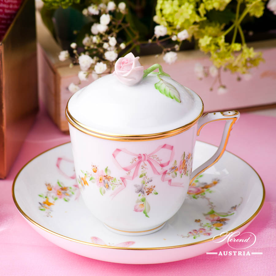 Herend - Tea / Coffee Cup w. Saucer and Lid 20705-0-09  EDENP Eden Pink design. Herend fine china