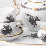 Herend Apponyi ANG Black-Gold tea set for two. Closeup.