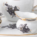 Herend Apponyi ANG Black-Gold tea set for two. Closeup on the fine china Creamer painted with Chinese Bouquet design.