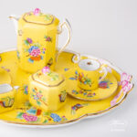 Herend Victoria Yellow background coffee set octagonal VE-FN. Hand-painted with Victoria butterflies and peonies.