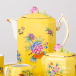 Herend Victoria Yellow background coffee set octagonal VE-FN. Hand-painted with Victoria butterflies and peonies.