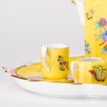 Herend Victoria Yellow background coffee set octagonal VE-FN. Hand-painted with Victoria butterflies and peonies.