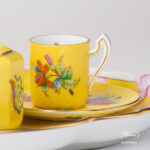 Herend Victoria Yellow background coffee set octagonal VE-FN. Hand-painted with Victoria butterflies and peonies.