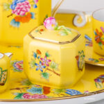 Herend Victoria Yellow background coffee set octagonal VE-FN. Hand-painted with Victoria butterflies and peonies.