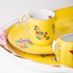 Herend Victoria Yellow background coffee set octagonal VE-FN. Hand-painted with Victoria butterflies and peonies.