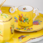 Herend Victoria Yellow background coffee set octagonal VE-FN. Hand-painted with Victoria butterflies and peonies.